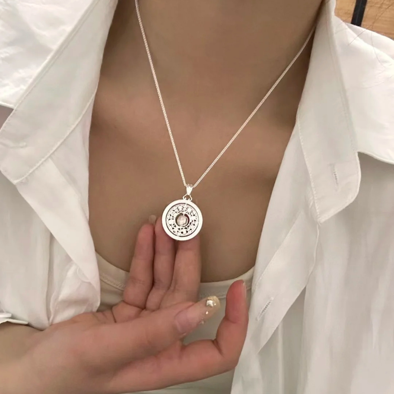 通体  999足银同款 H273八宝罗盘福牌项链/肖邦链