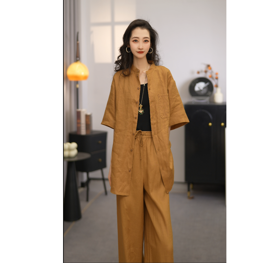 AMASS/阿玛施530060春夏新款复古休闲时尚宽松亚麻圆领半袖衬衫女