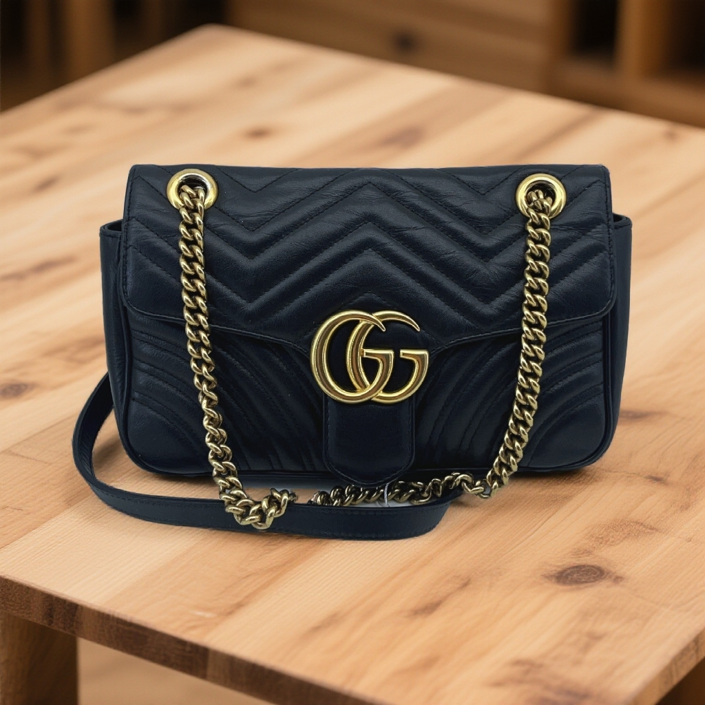 95新 GUCCI/古驰 黑金26马蒙链条包1424 7548