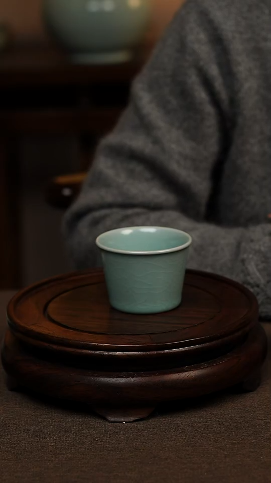 瓷片仿古天青全手工马蹄杯80ml 微瑕 不带礼盒