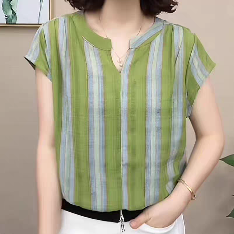 2025夏季新款妈妈装V领短袖T恤时尚洋气百搭气质宽松显瘦减龄上衣