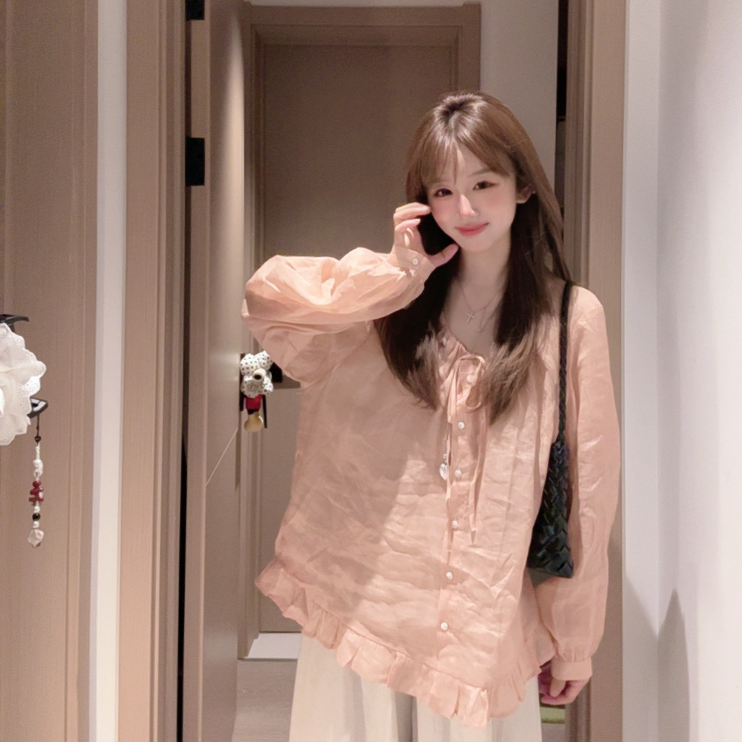 2025夏季新款蜜桃粉亚麻长袖防晒衬衫慵懒感木耳花边开衫