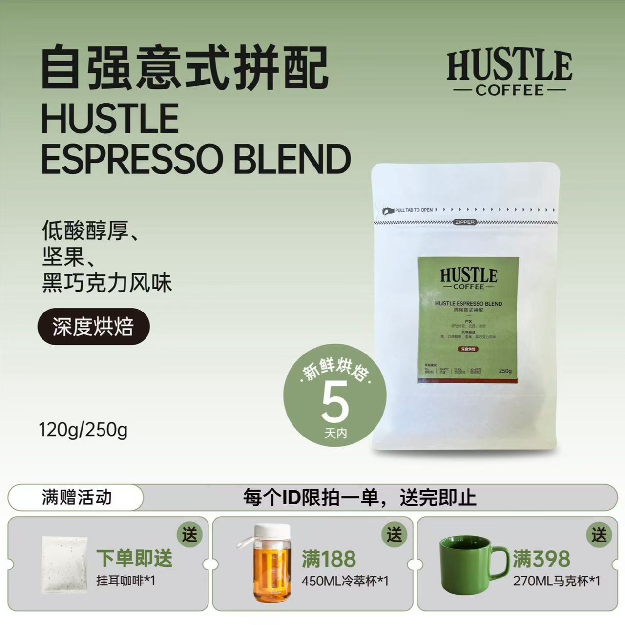 HUSTLE咖啡自强意式拼配咖啡豆无酸坚果风味油脂醇厚250克黑咖啡