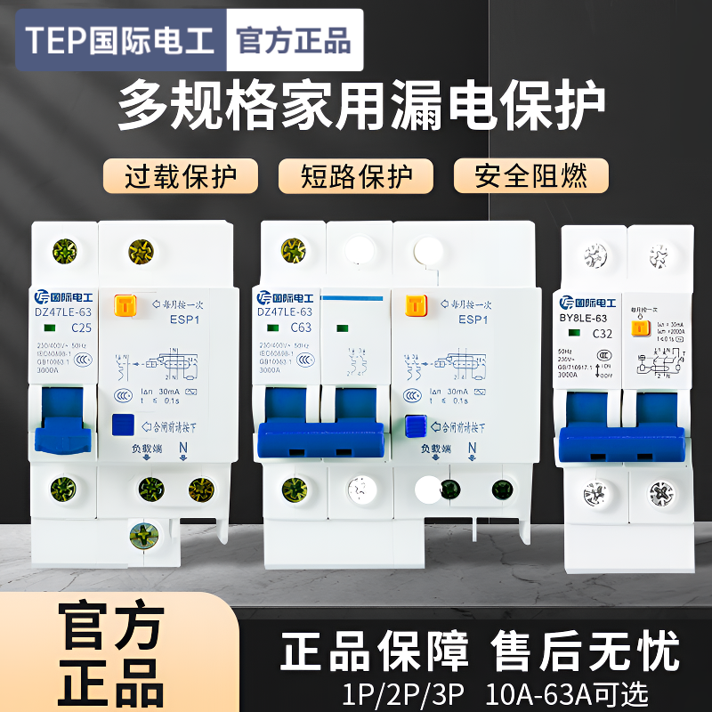 国际电工小型断路器DZ47家用电闸1/2P63A总空气开关带漏电保护器