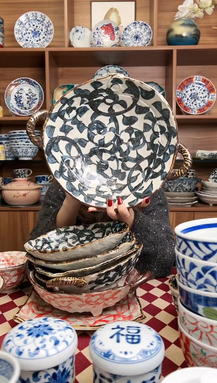 【闪购商品】瓷片章鱼唐草  大号锅型盘