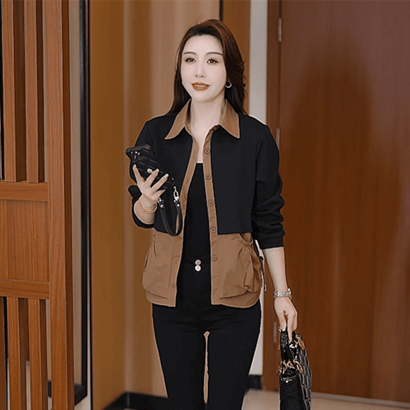 【现货】春秋季爆款撞色拼接双口袋设计减龄宽松大码遮肉妈妈开衫