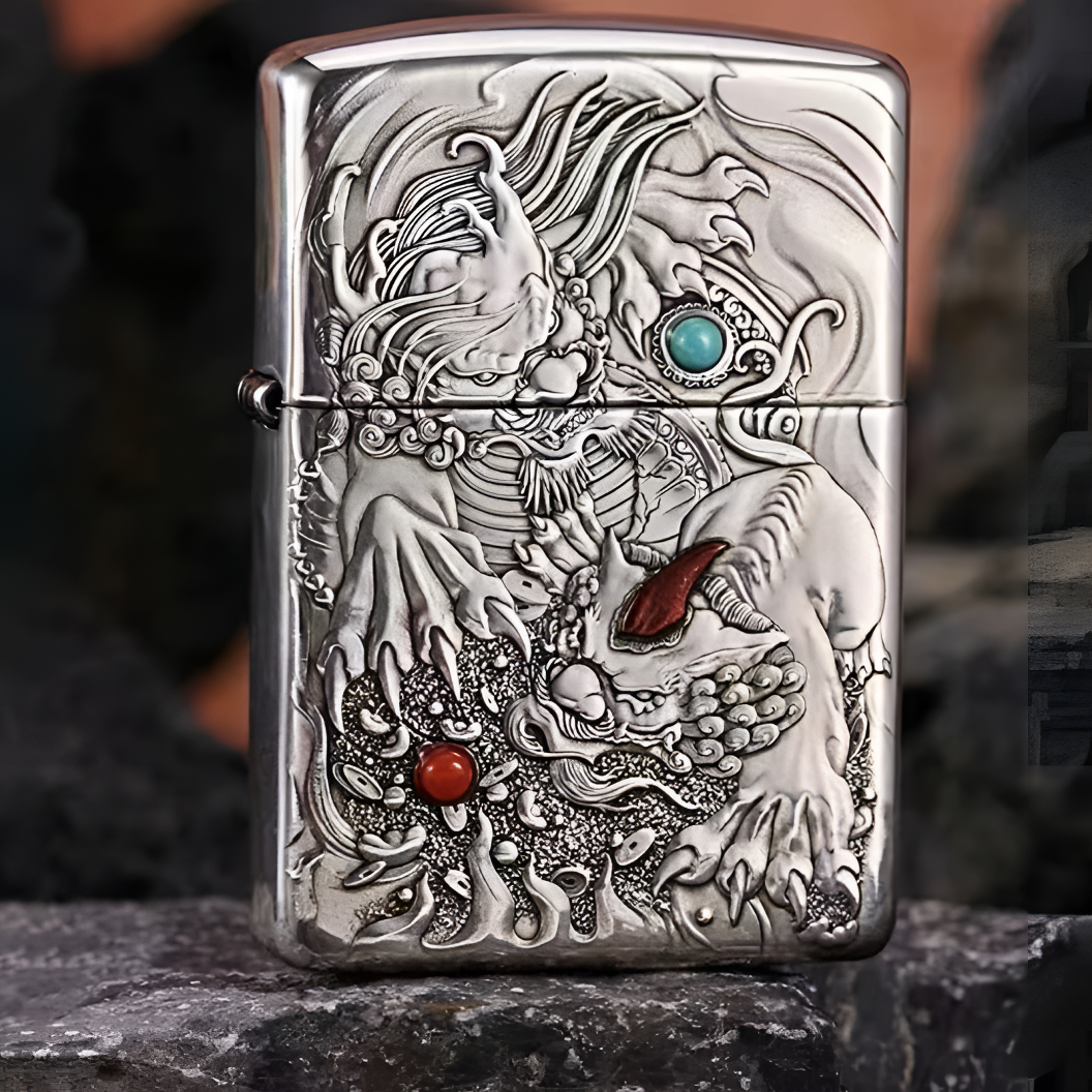 ZIPPO/之宝打火机蚊版雌雄双貔925银盔甲立体浮雕防风煤油DYJ1