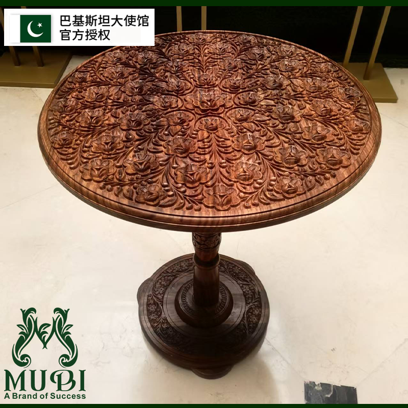 巴基斯坦木质手工雕刻复阳台客厅家用简约古典圆形可拆卸小茶几