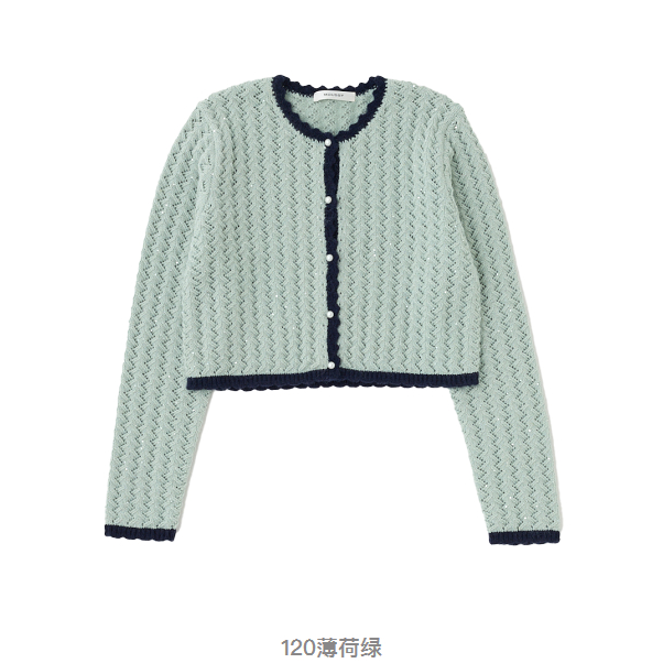 moussy 2025秋新小香风撞色花边短款老针织开衫女010HAA70-8621