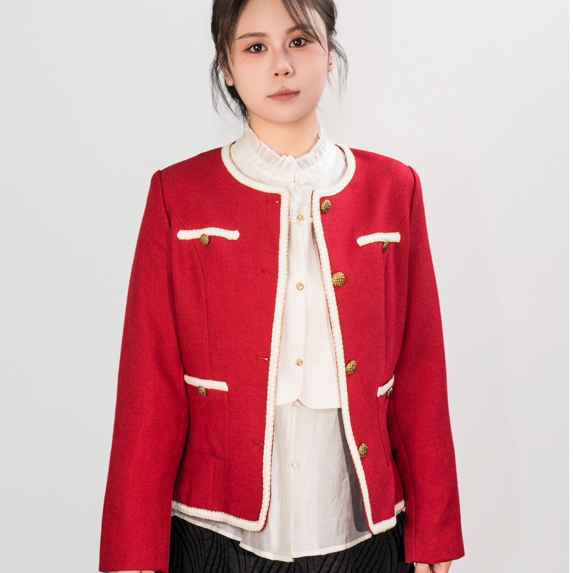 Jinho/金猴春季小香风复古女士时尚外套夹克气质针织轻奢短款外套