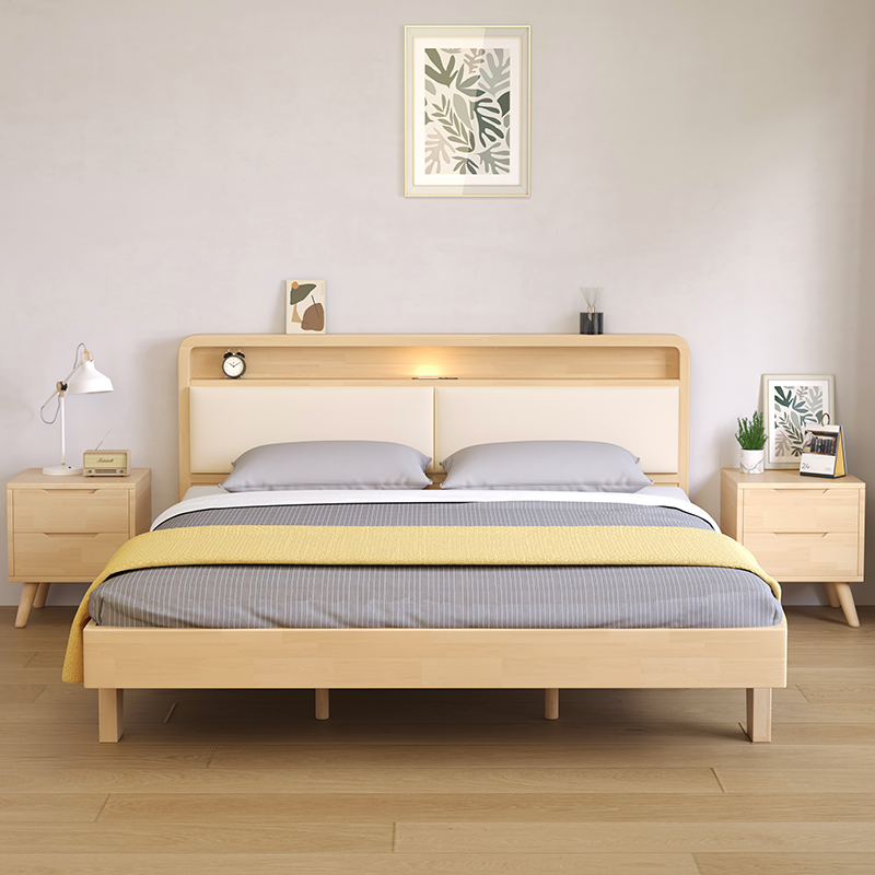 床软包原木床家用主卧室双人床简约北欧大床经济型实木床床架家具