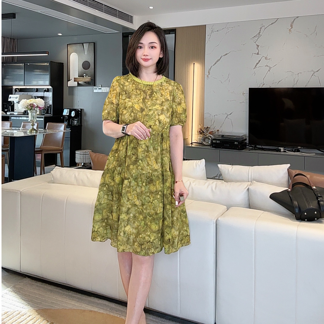 《潇潇心选》莫奈花园圆领单层百分百桑蚕丝连衣裙 80086