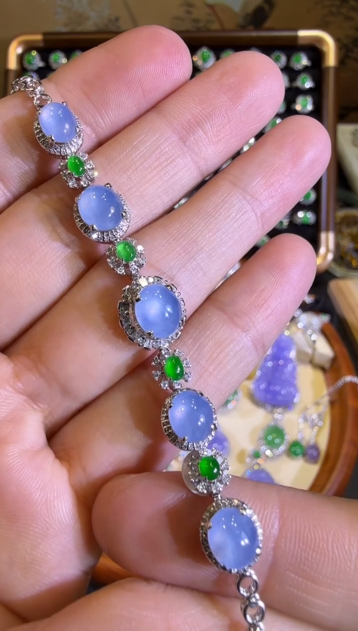 【闪购商品】翡翠手链18K金镶嵌玻璃种梦幻紫蛋面不垫色