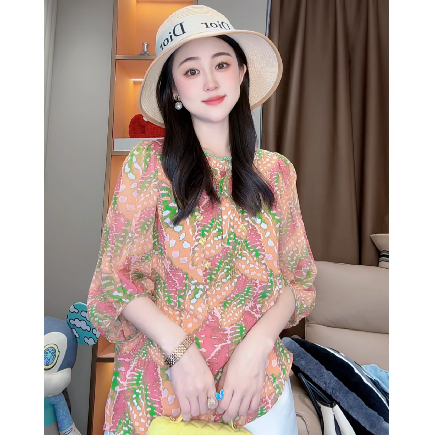【丝芙玉禄】（F922）100真丝双绉印花气质夏季时尚显瘦桑蚕丝t恤上衣