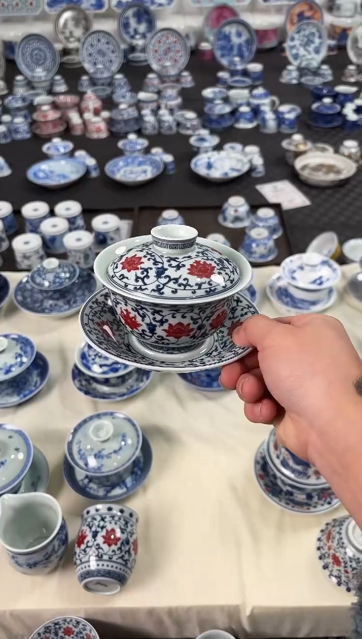 盖碗瓷景德镇陶瓷茶具元青花釉里红缠枝莲元宝盖碗