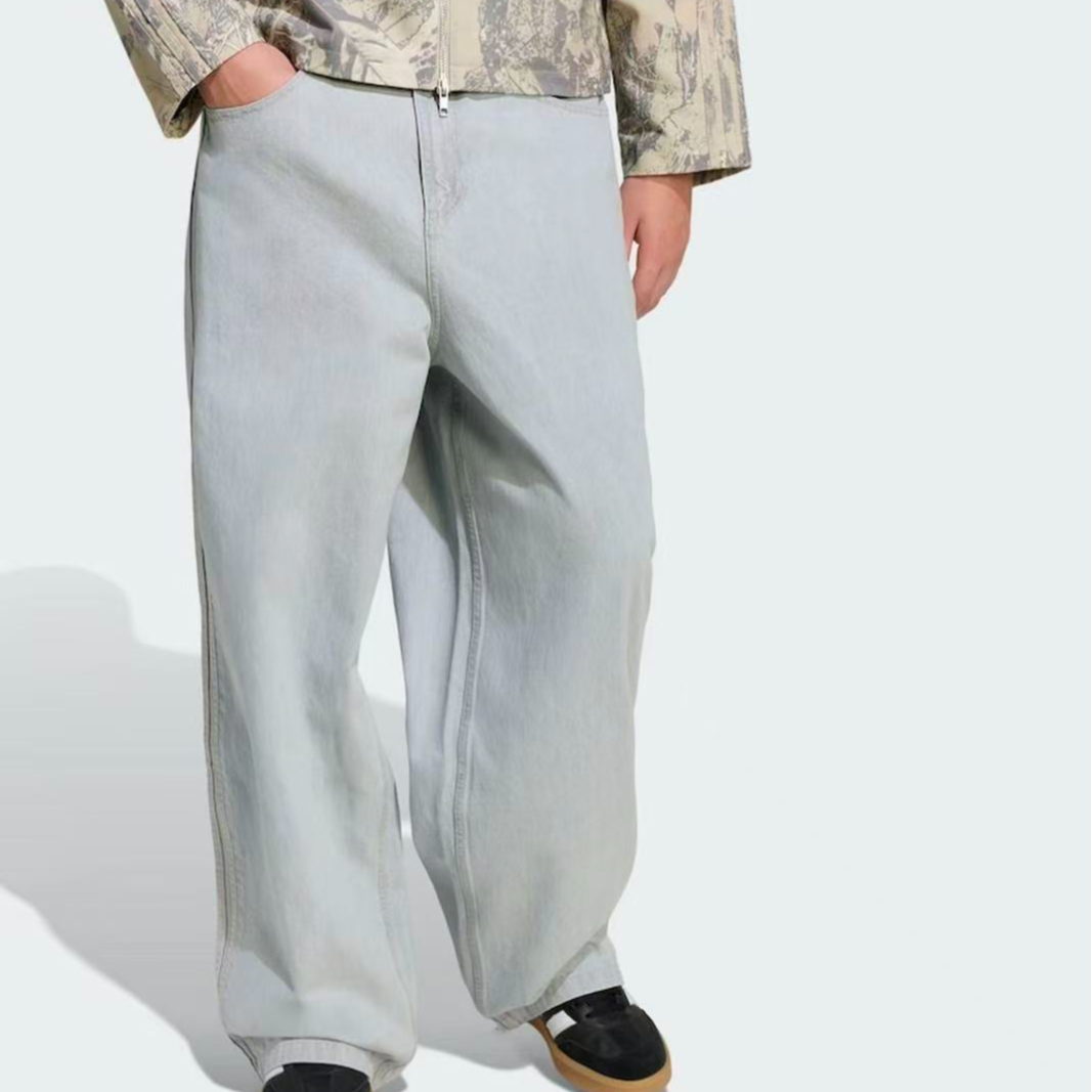 adidas三叶草 阿迪达斯灰色水洗直筒牛仔长裤KS6845 