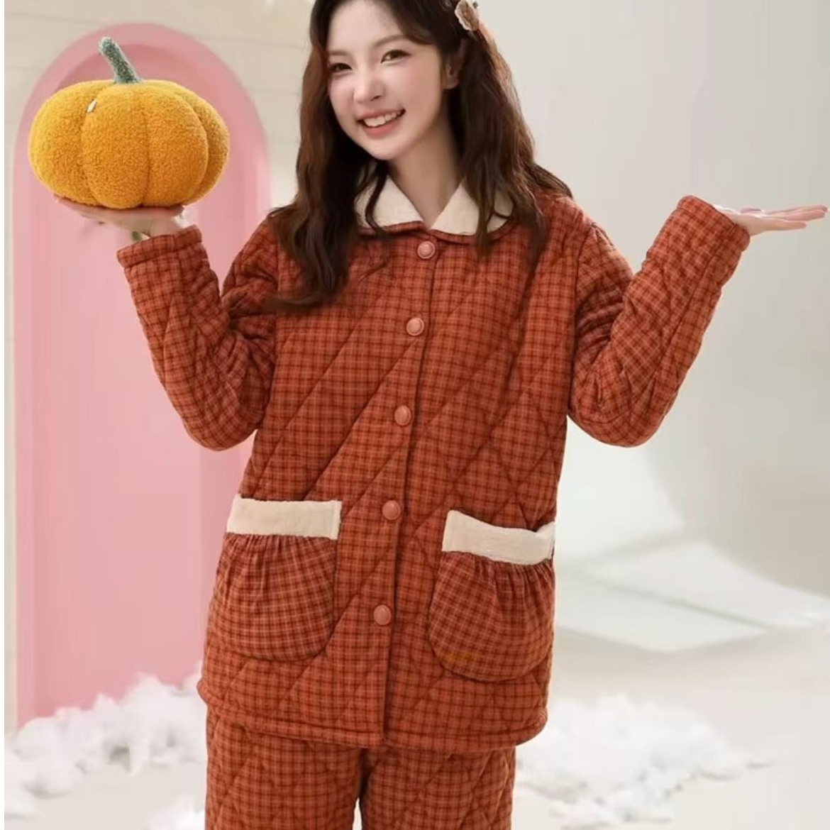 减龄格子绿色方格睡衣居家保暖家居服冬季长袖女冬款薄棉
