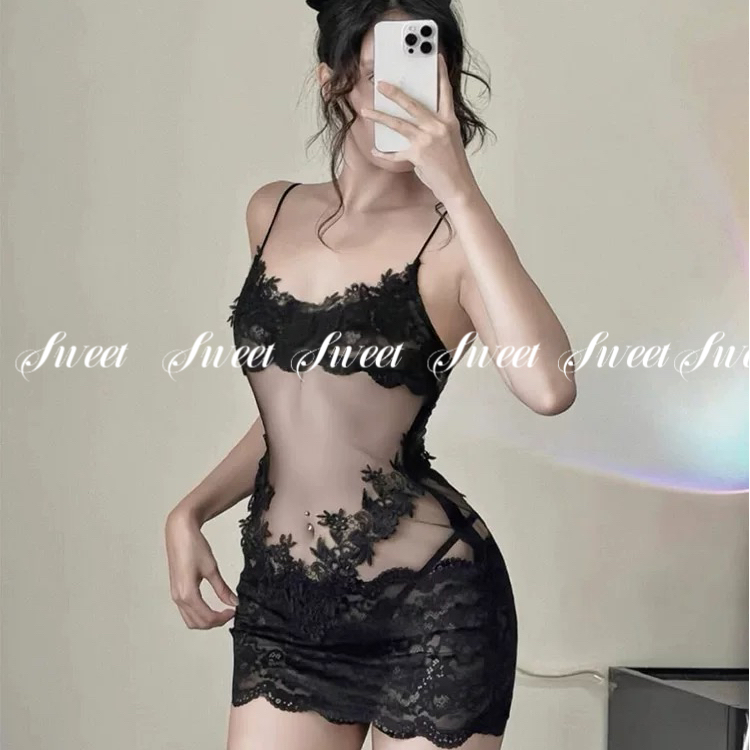 【黑白天使】腰线鲨手蕾丝网纱吊带睡裙纯欲法式睡衣