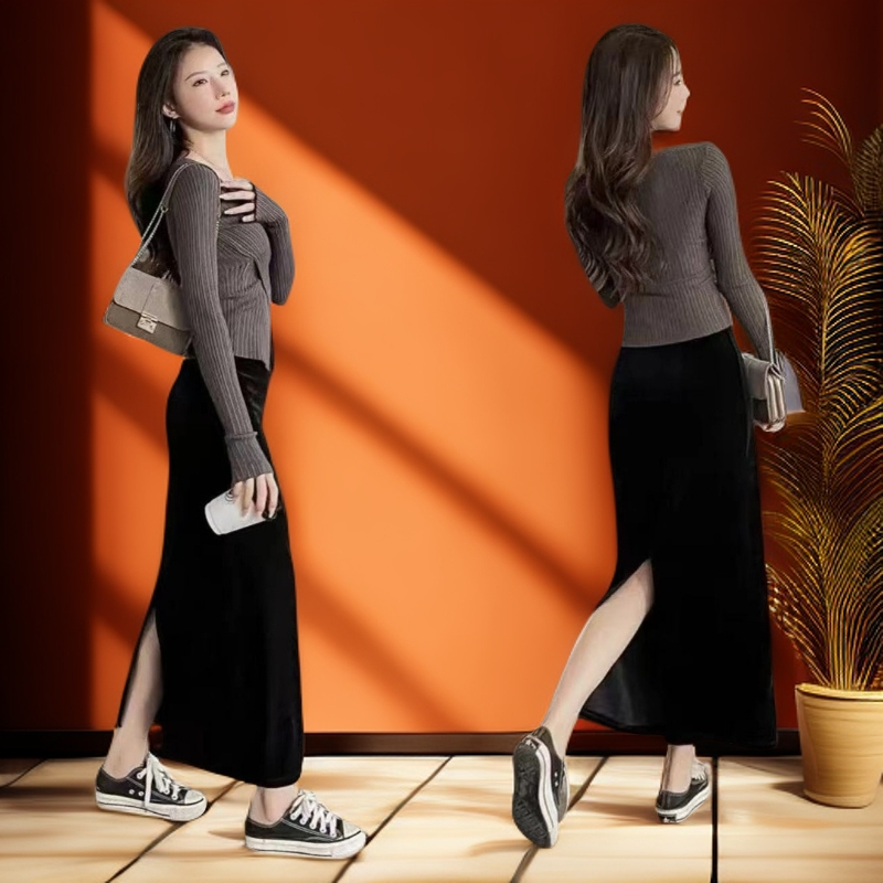 【工厂直发现货】2025秋冬季金丝绒百搭裙新款女装显瘦中长款半身裙