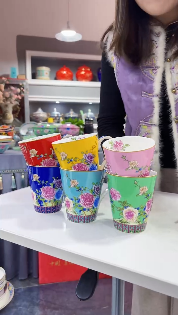 珐琅 牡丹花卉杯子6只装景德镇陶瓷