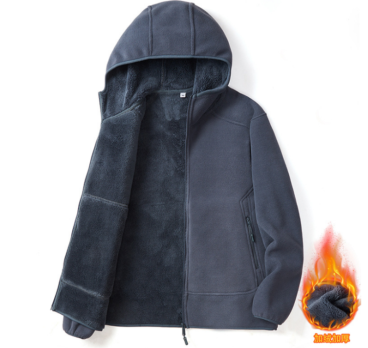 夹克夹克男士户外连帽加绒加厚保暖运动时尚休闲冬季带帽抓绒衣