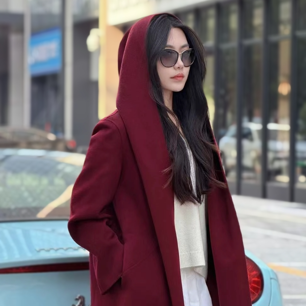 清河羊绒【小巷 100纯山羊绒】细度 14.5μm  连帽休闲中长款女大衣