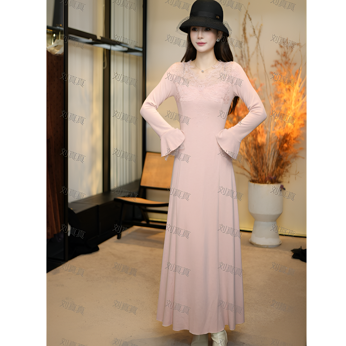 【刘真真一见倾心】Z1138冬季新款羊毛保暖法式修身显瘦连衣裙PL