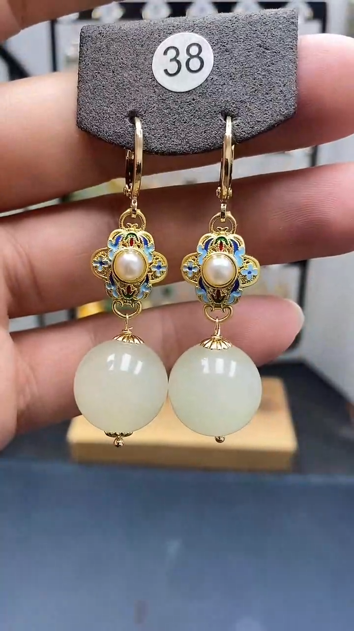 银S925镀金镶嵌和田玉耳饰尺寸16mm耳扣A2