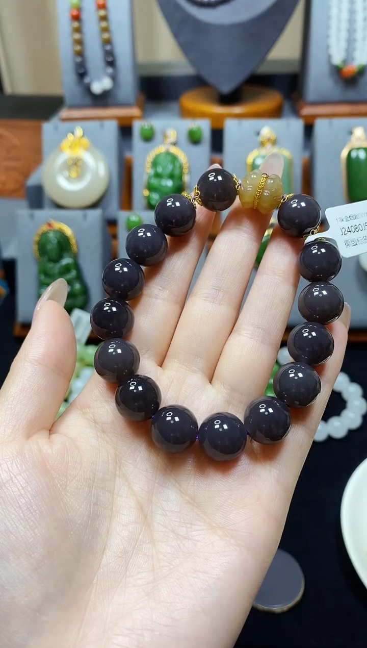 【闪购商品】和田玉烟紫DIY单圈手串18K金镶嵌*