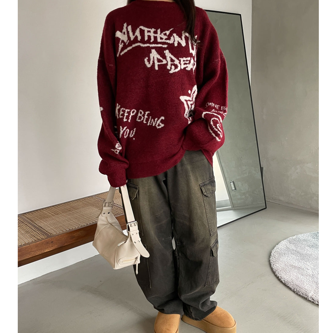 WE**GO秋冬日单春节复古字母印花宽松落肩圆领套头针织毛衣S054