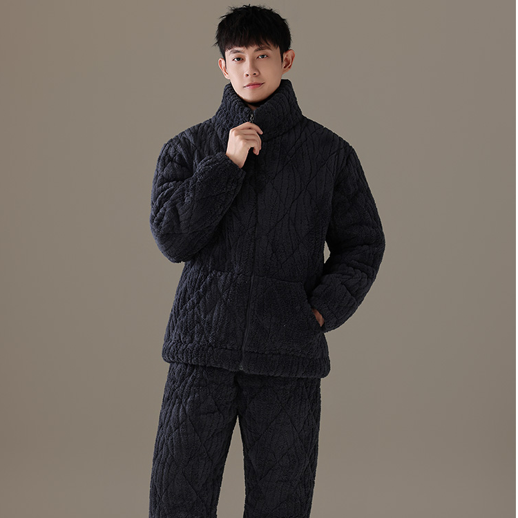 超厚珊瑚绒睡衣男士冬季三层夹棉加厚简约保暖家居服套装