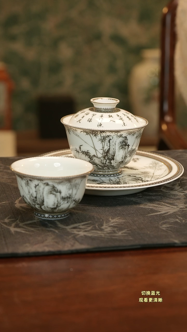 手绘精美纹饰诗画结合墨竹三件套组