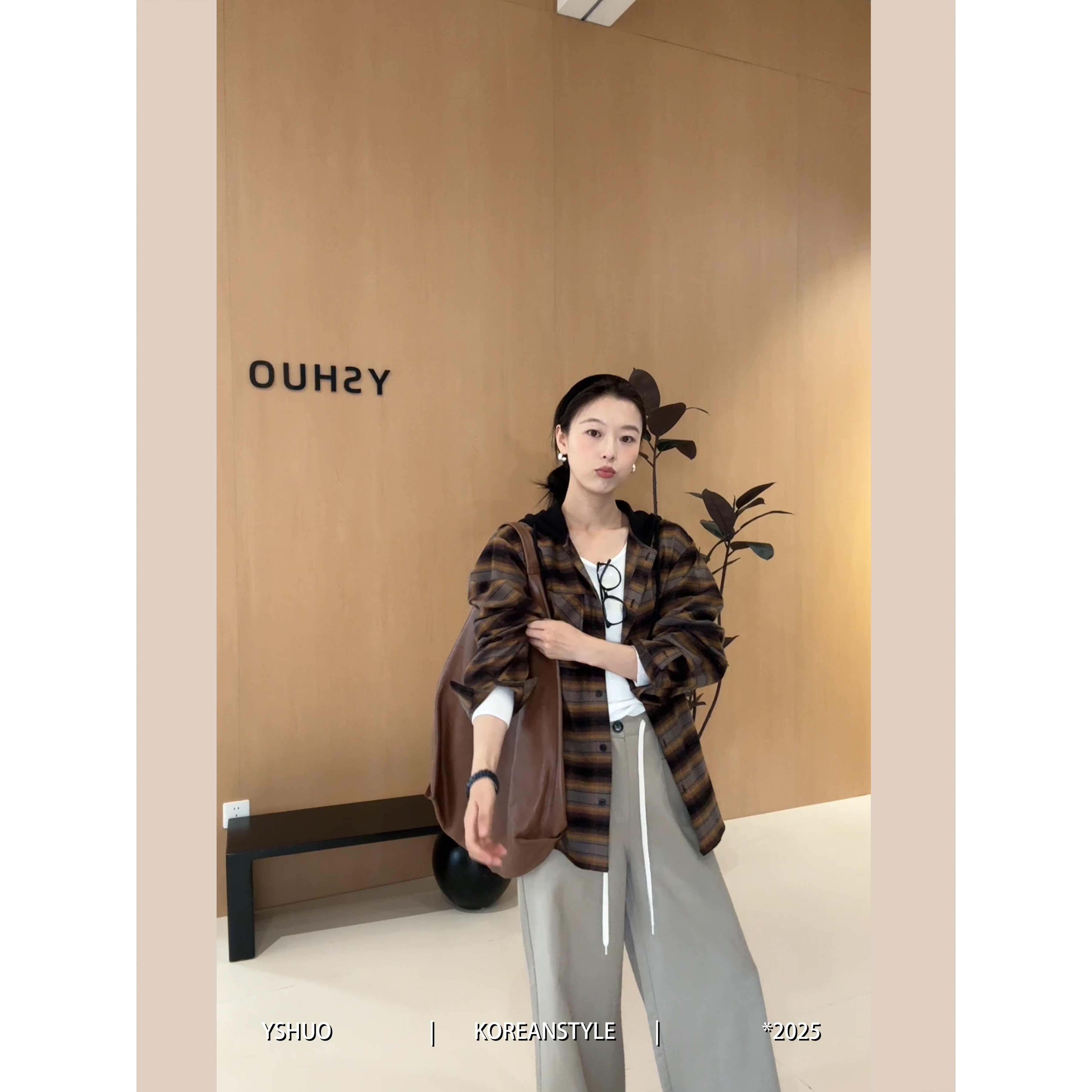 【出挑日常】渐变格子复古感衬衫条纹长袖宽松连帽上衣 80018