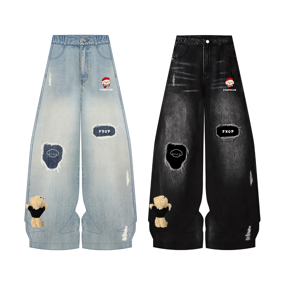 FXOP冬季刺绣破坏工艺设计感软牛仔裤加厚显瘦显高百搭阔腿裤W209