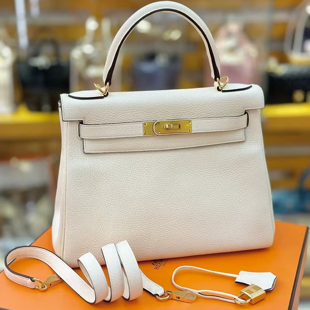 99新 Hermes/爱马仕 Kelly28冰川白金扣ec皮 盒子尘袋锁具肩