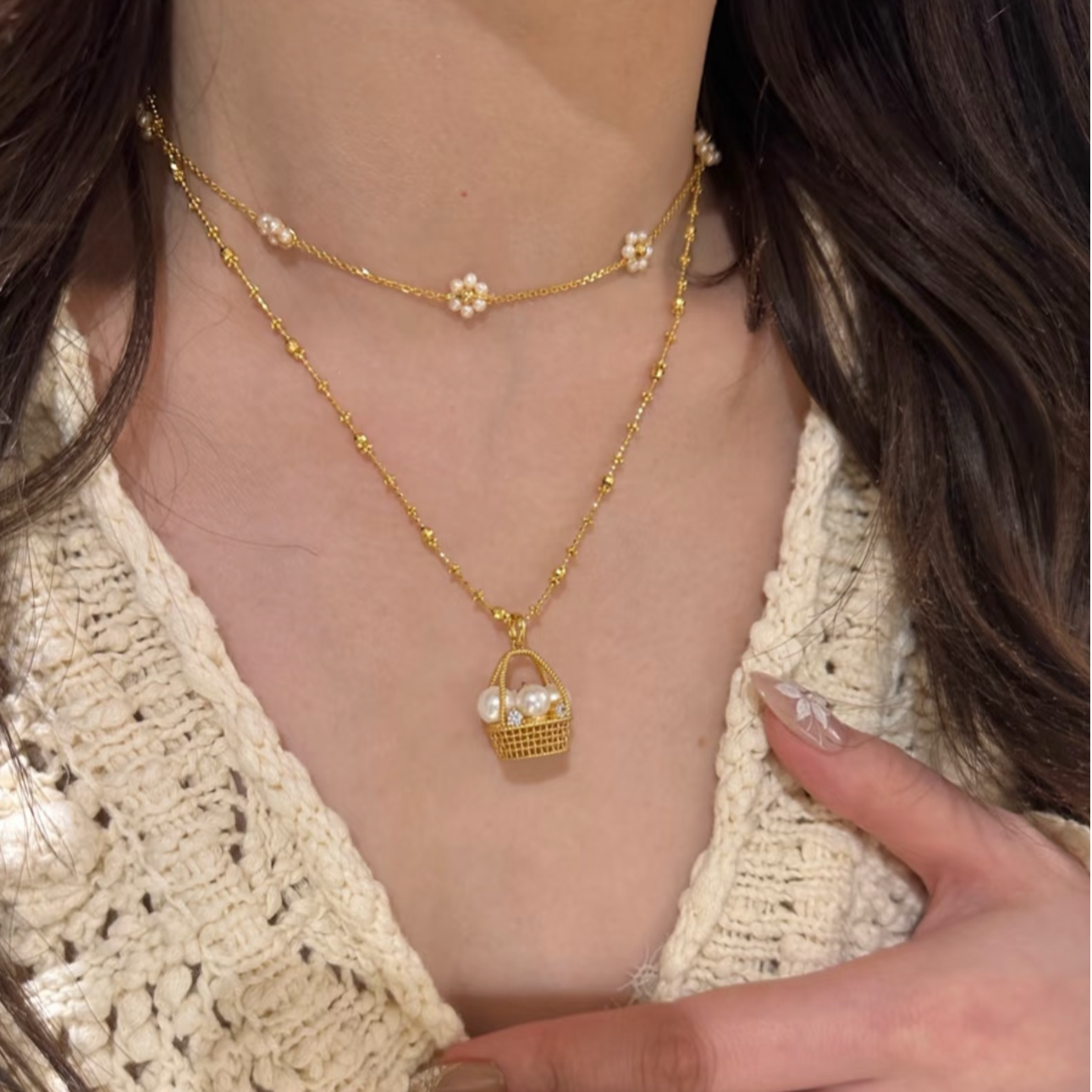 铜合金项链 古法编织菜篮珠珠项链精致高级感珠珠轻奢小众书骨链