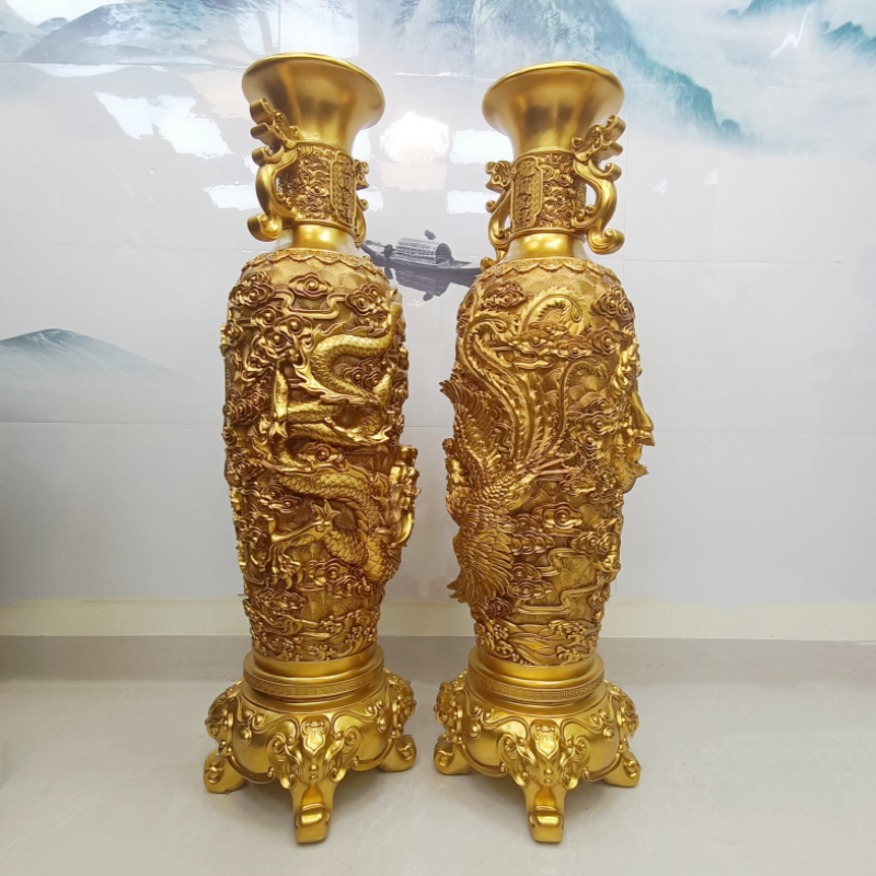 拍一发二龙凤呈祥落地大花瓶鎏金铜工艺摆件客厅前台办公室装饰品