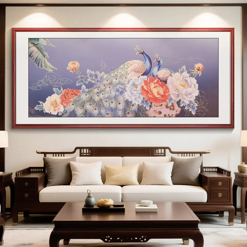 浮雕描金【孔雀牡丹图】古风山水画客厅装饰画背景墙挂画茶室壁画