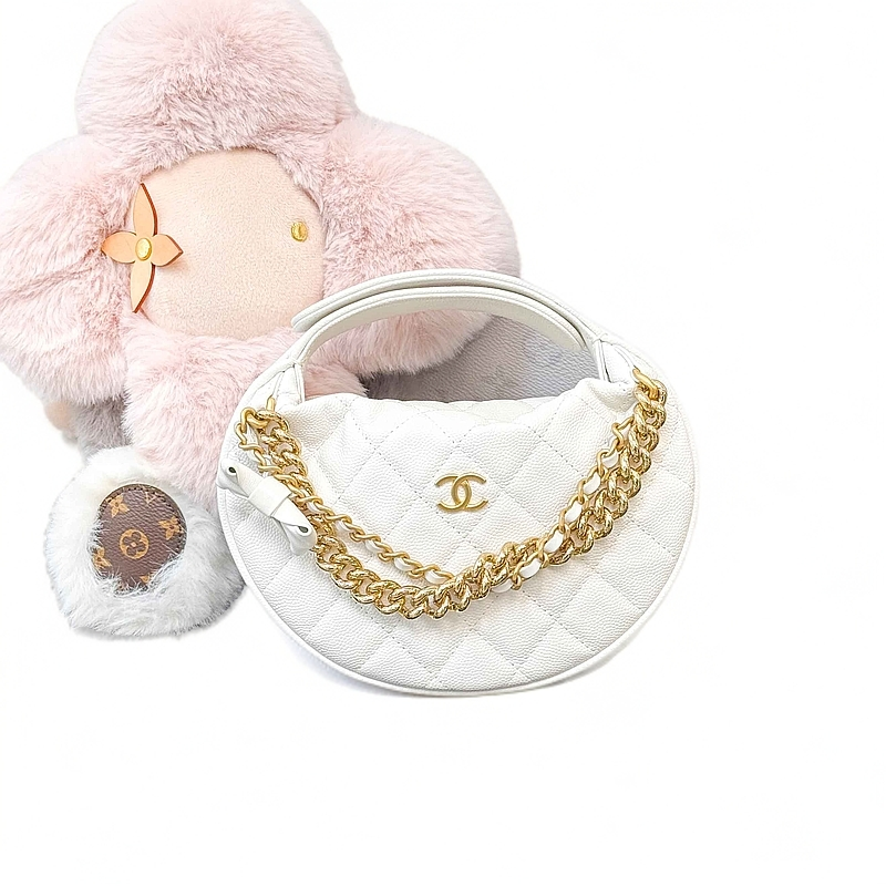 99新 Chanel/香奈儿  24S 白色 金扣 菱格纹 单手柄 呼啦圈链条包