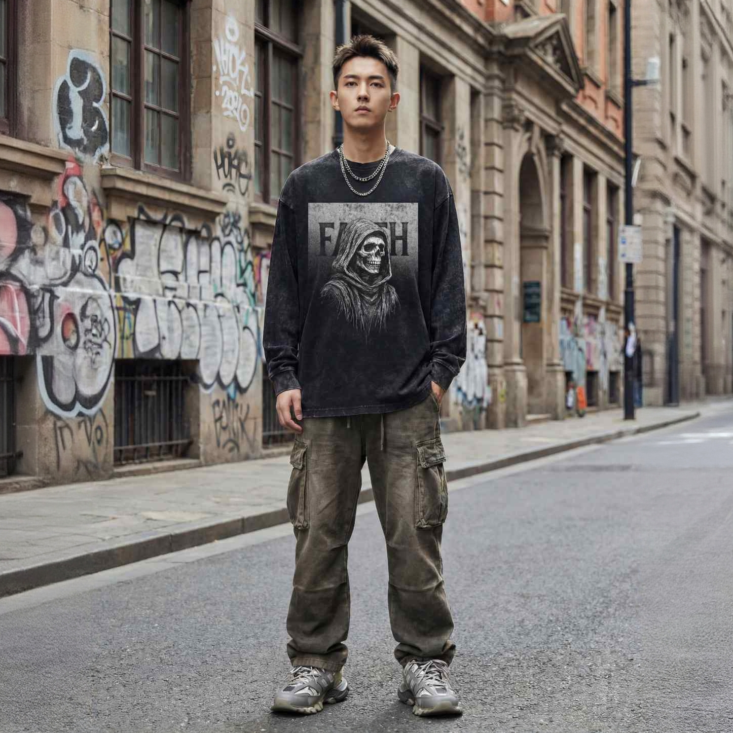 【暗黑死神】做旧水洗秋冬重磅纯棉长袖宽松280g手绘设计款