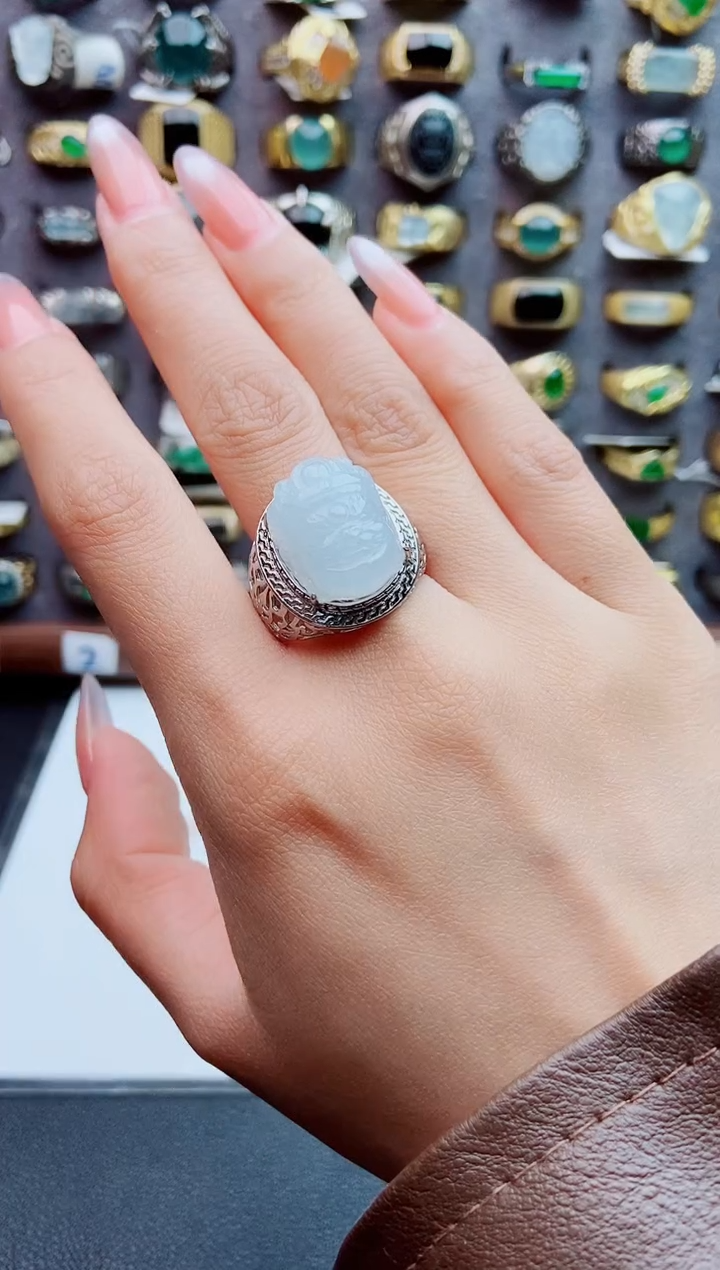 银S925镶嵌戒指翡翠天然翡翠男戒