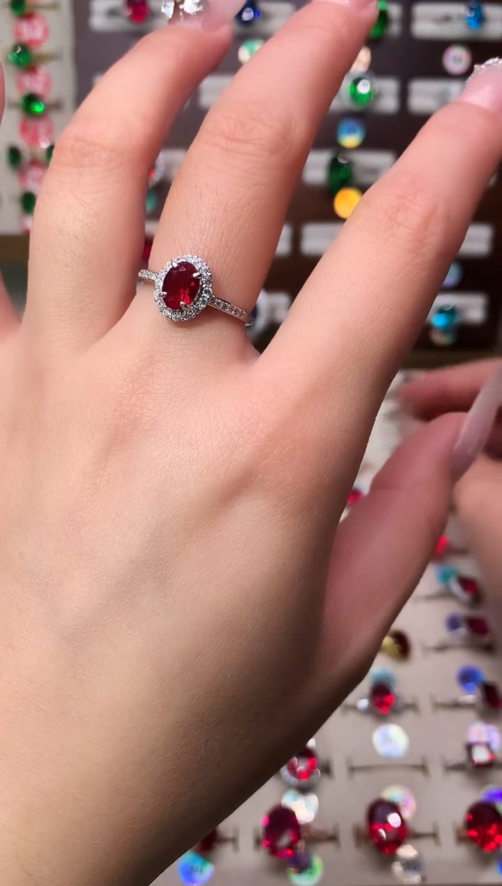 银S925镶嵌戒指红宝石5*7 酒红 银托