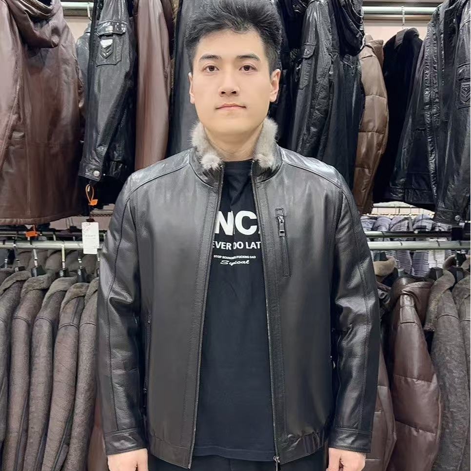 山羊皮银蓝水貂拼貂立领简单时尚夹克皮貂一体男士冬款皮衣