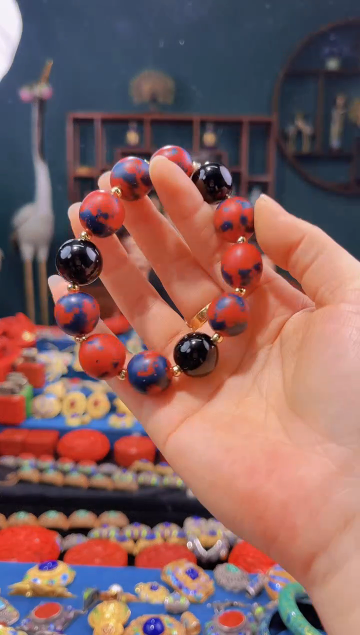 非遗绝技 素漆手串 蓝红