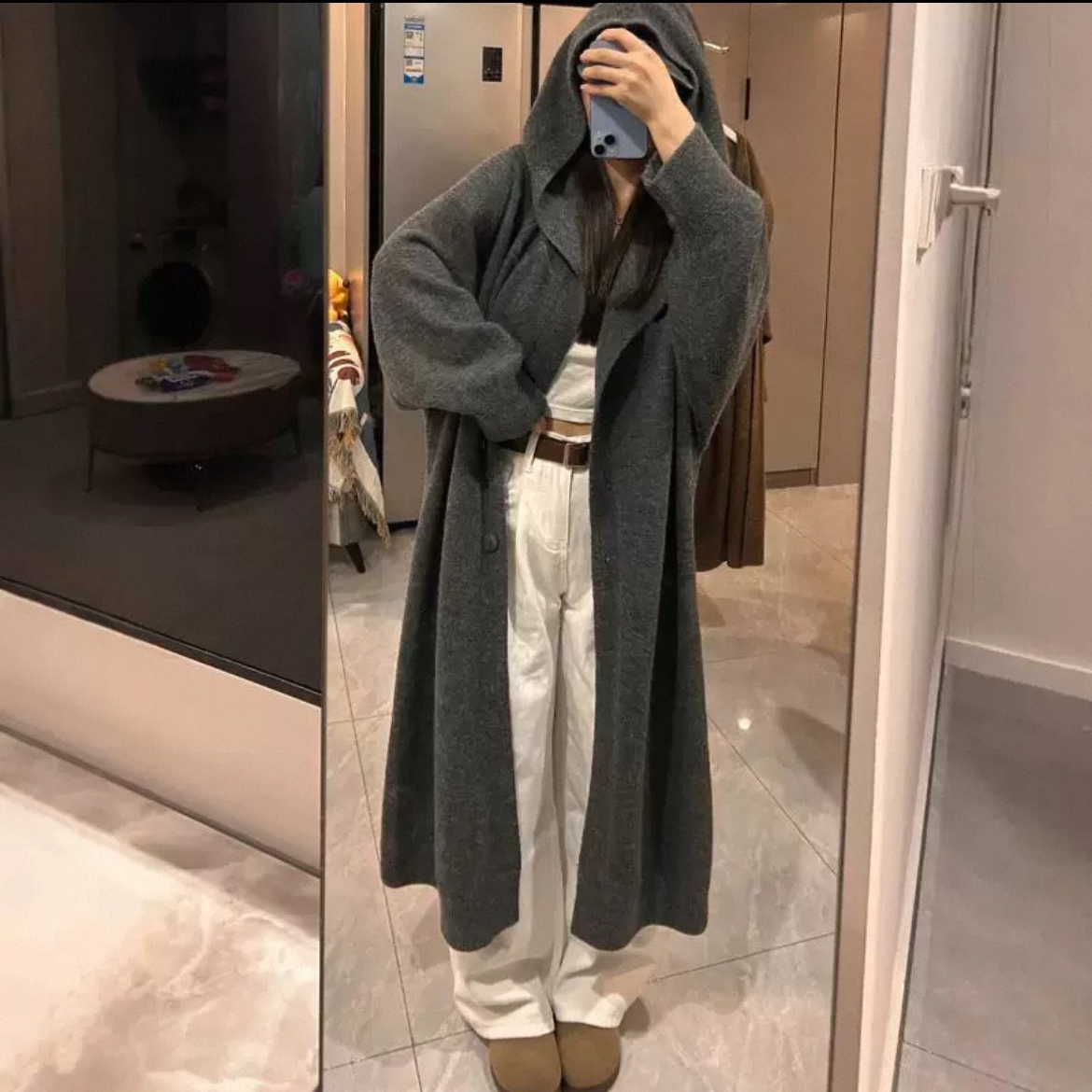 秋季新长款开衫女慵懒风加厚韩版宽松版连帽百搭网红长款针织外套