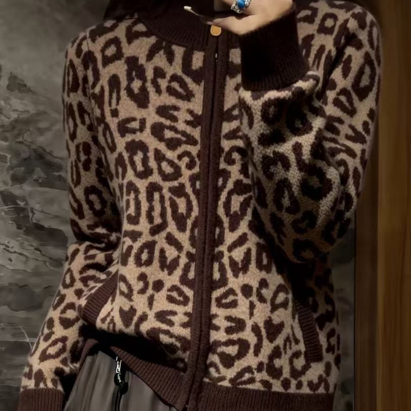 【复古豹纹】2025新款冬季针织开衫时尚洋气小众气质显瘦毛衣女