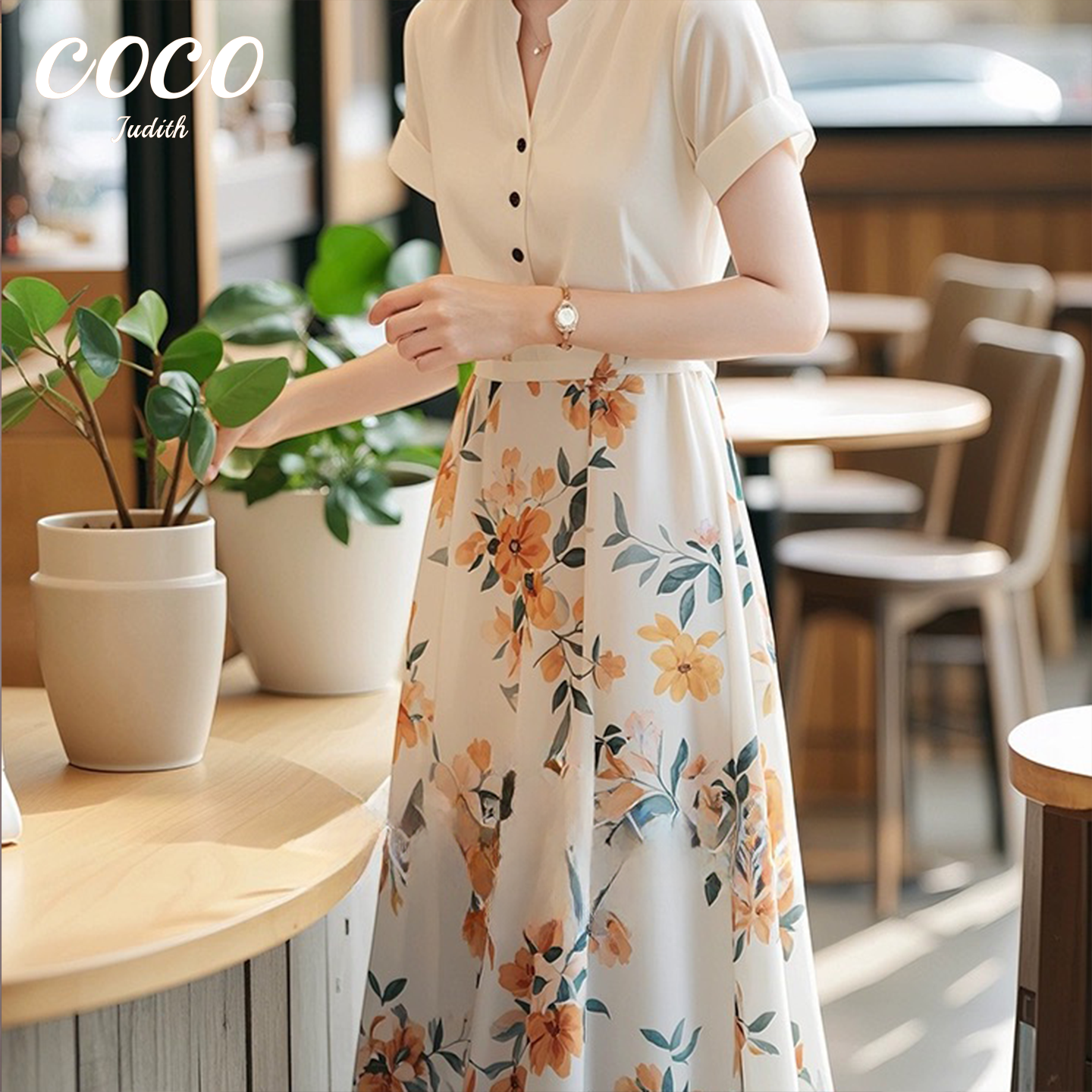 【RG6120】夏季新款杏色法式印花裙子女御姐风绝美气质碎花连衣裙