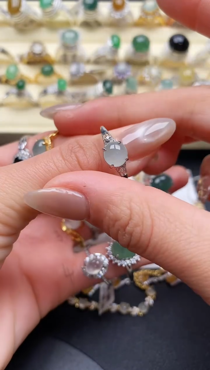 【闪购商品】翡翠戒指银S925镶嵌缅甸天然A货翡翠55 8-3