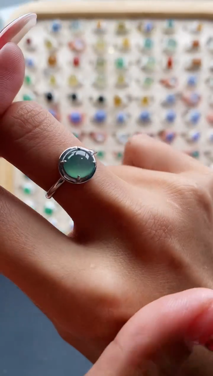 【闪购商品】翡翠戒指银S925镶嵌缅甸天然A货翡翠444 3+1