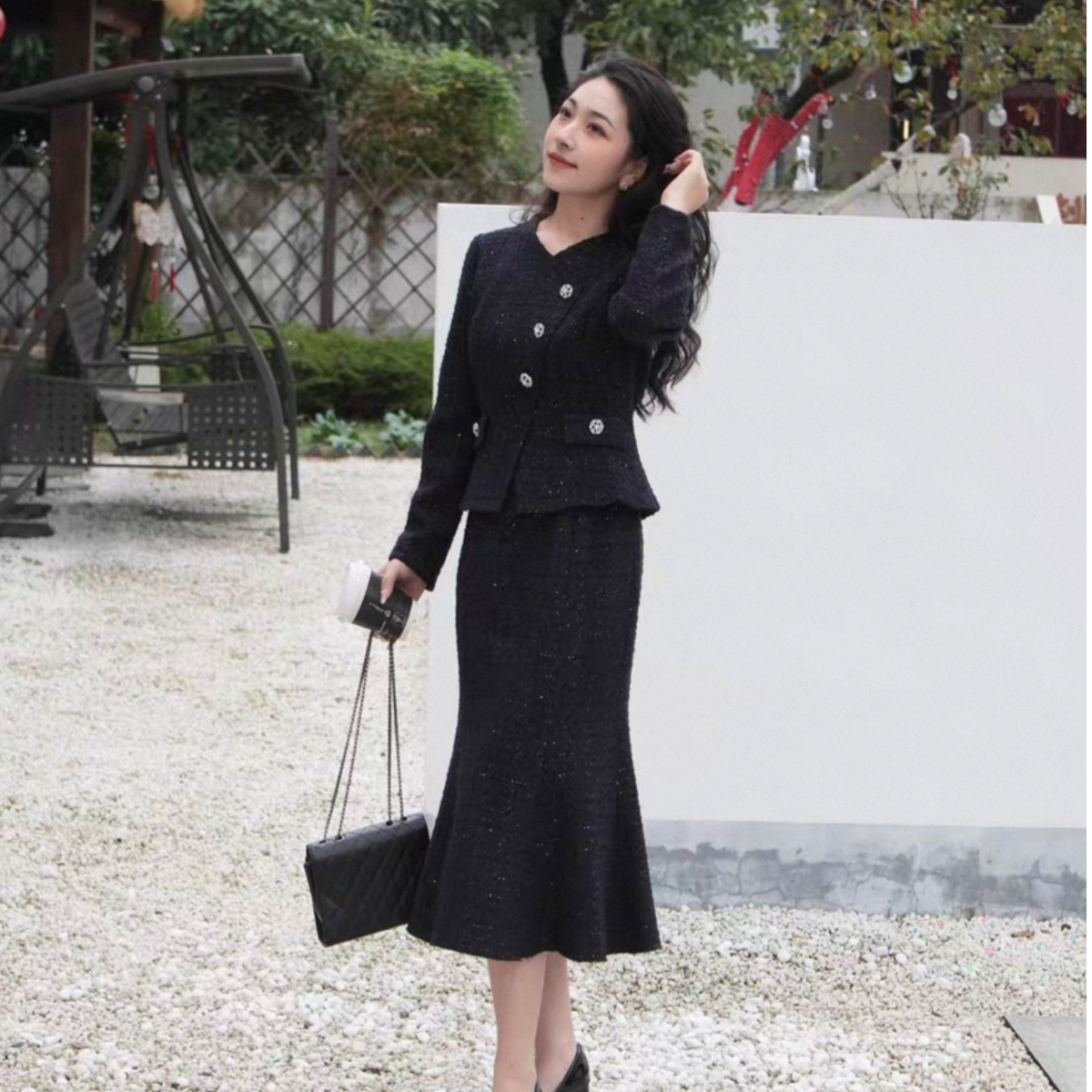 【拉】连衣裙通勤减龄秋冬新款香风鱼尾洋装冬季假两件